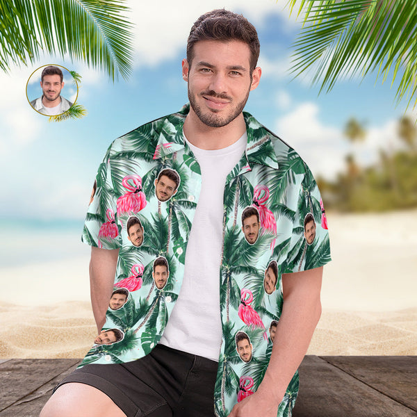Hawaiihemd Mit Individuellem Gesicht, Grünes Kokosnussbaum-flamingo-hawaiihemd Im Tropischen Stil - DePhotoBoxer