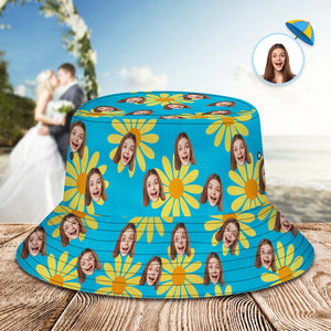 Kundenspezifischer Eimer-Hut-personalisiertes Gesicht ganz über Druck-tropischer Blumen-Druck-hawaiischer Fischer-Hut - gelbe Blumen Hochzeitstag