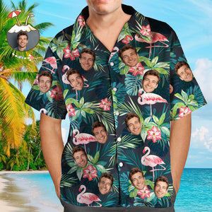 Benutzerdefiniertes Hawaii-hemd Mit Gesicht, Individuelles Hundegesicht-hemd, Blätter Und Flamingo-hawaii-hemden - DePhotoBoxer